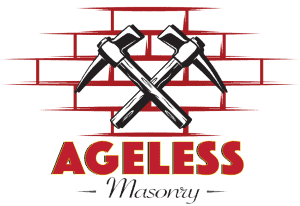 Logo for Ageless Masonry featuring two crossed hammers in front of a stylized red brick wall, with "AGELESS" in bold red and yellow letters and "Masonry" in elegant script below.