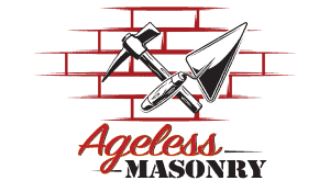 Logo for Ageless Masonry featuring a hammer and trowel crossed over a stylized brick wall, with "Ageless" in red script and "Masonry" in bold black stencil font below.