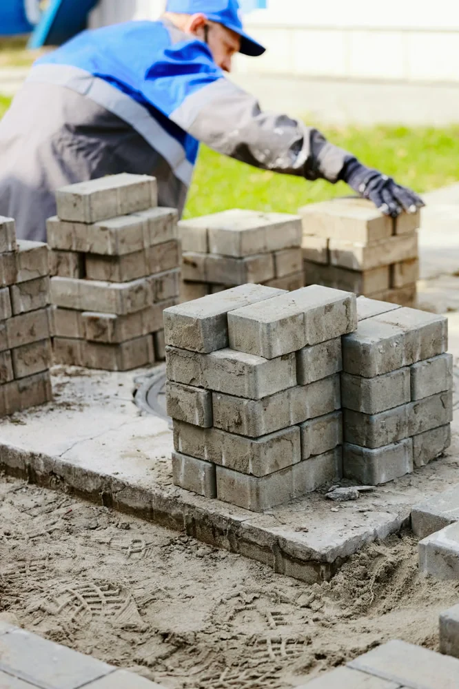 Bricklayer Stacks Bricks Sidewalk Suffolk County New York