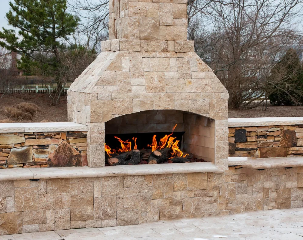 Stone Outdoor Fireplace Burning Suffolk County New York