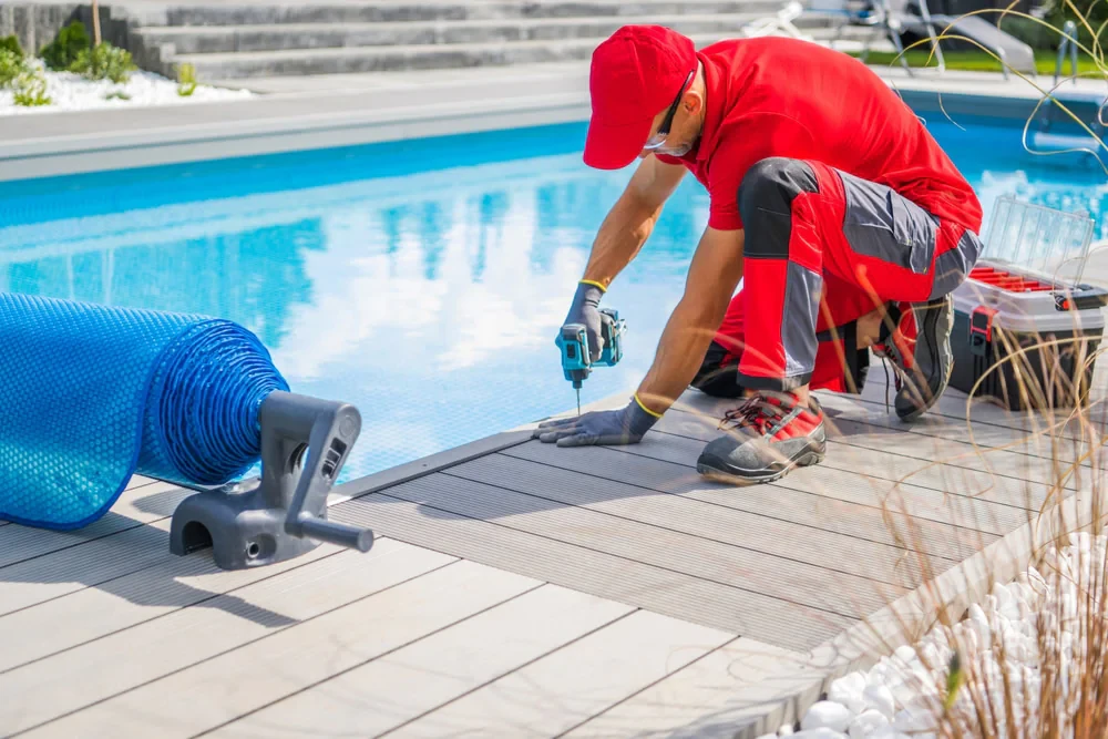 Worker Installing Pool Deck Suffolk County New York