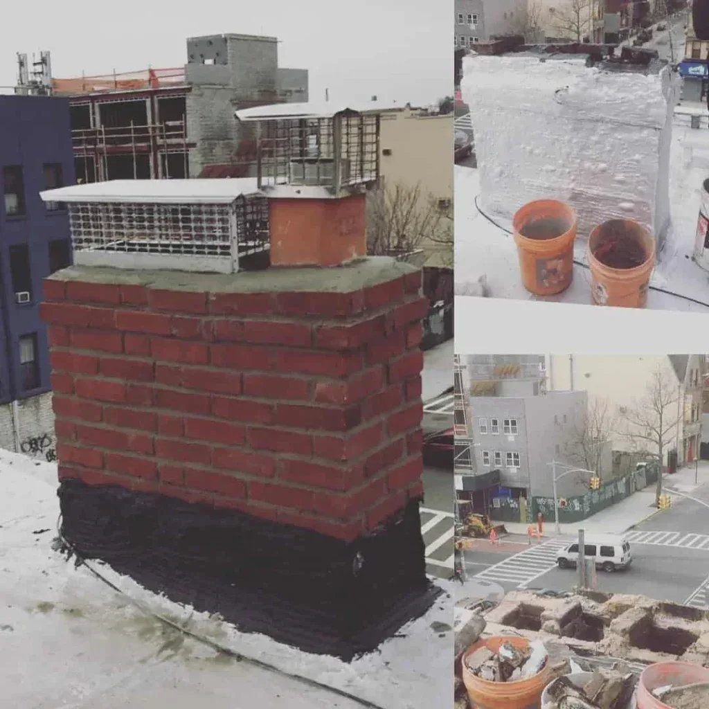 A brick chimney with a metal cap sits on a rooftop, maintained by a masonry contractor Long Island, NY. Nearby, two orange buckets rest beside another chimney, while below are street views and open chimneys filled with debris.